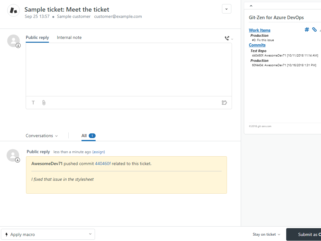 Azure DevOps by Git-Zen dashboard view — IT and HR app on the Zendesk Marketplace