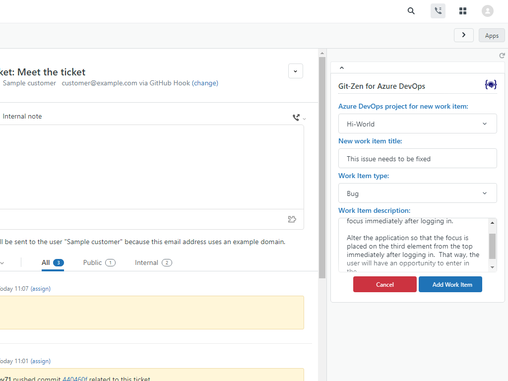 Azure DevOps by Git-Zen feature detail — IT and HR app on the Zendesk Marketplace